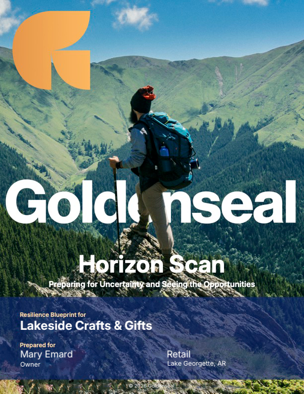 Cover of a Goldenseal Horizon Scan report, featuring a hiker overlooking a valley surrounded by mountains